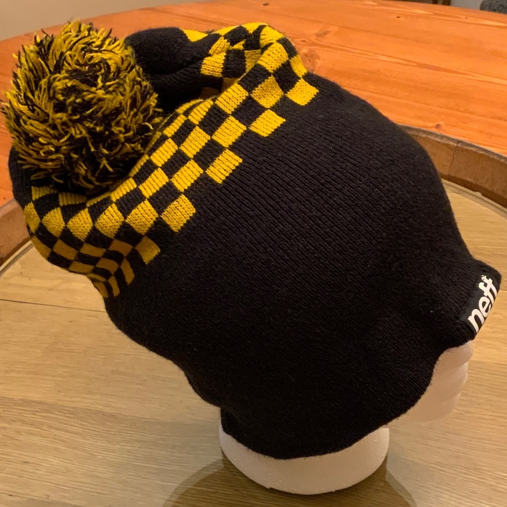 Neff Black and Yellow Checkered Pom-Pom Beanie